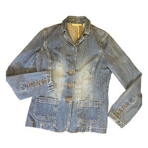 Blue Denim Jean Blazer Jacket Crazy Horse Women's (M) Pink Trim Button up &cuff